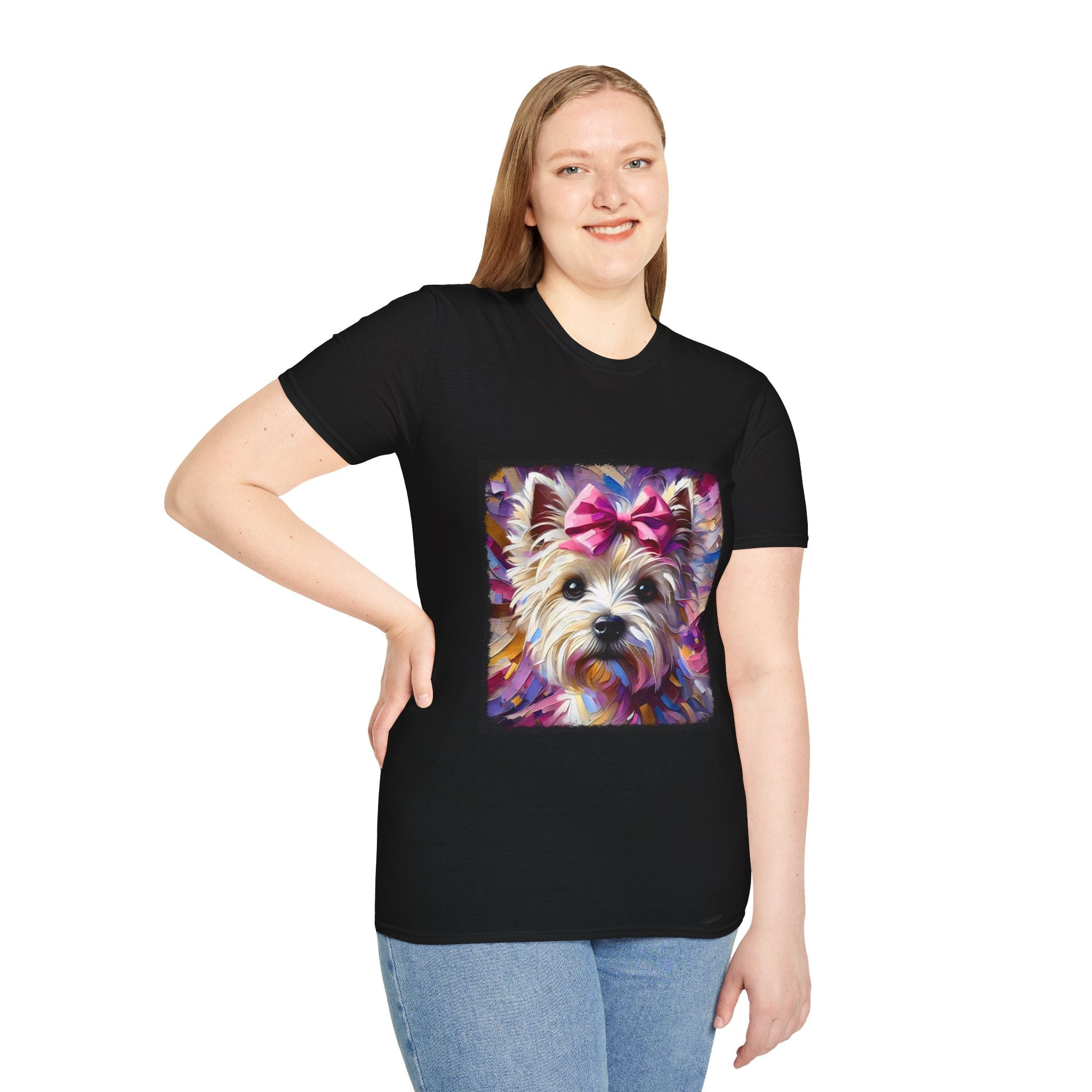Female model in black dog t-shirt with Westie face, pink bow, and bold brushstroke colors in purple, pink, and gold.