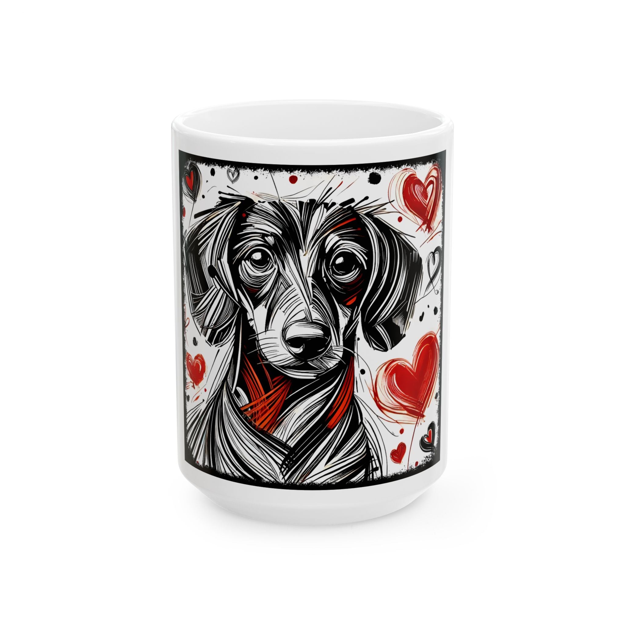 A white ceramic mug featuring a stylized black and white line art illustration of a dachshund with red hearts and red neck details, shown on a clean white background.