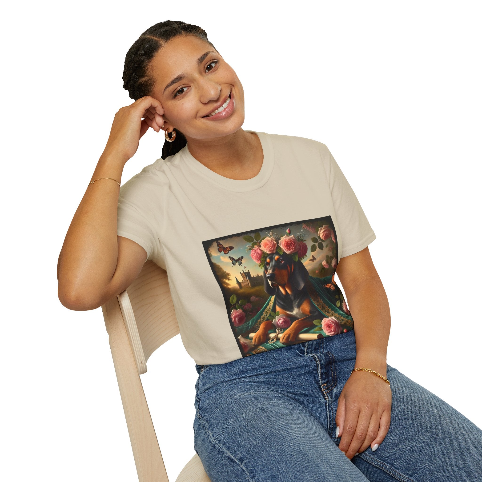 Female model in sand dog t-shirt featuring coonhound in rose garden wearing green embroidered cape and crown of pink flowers.