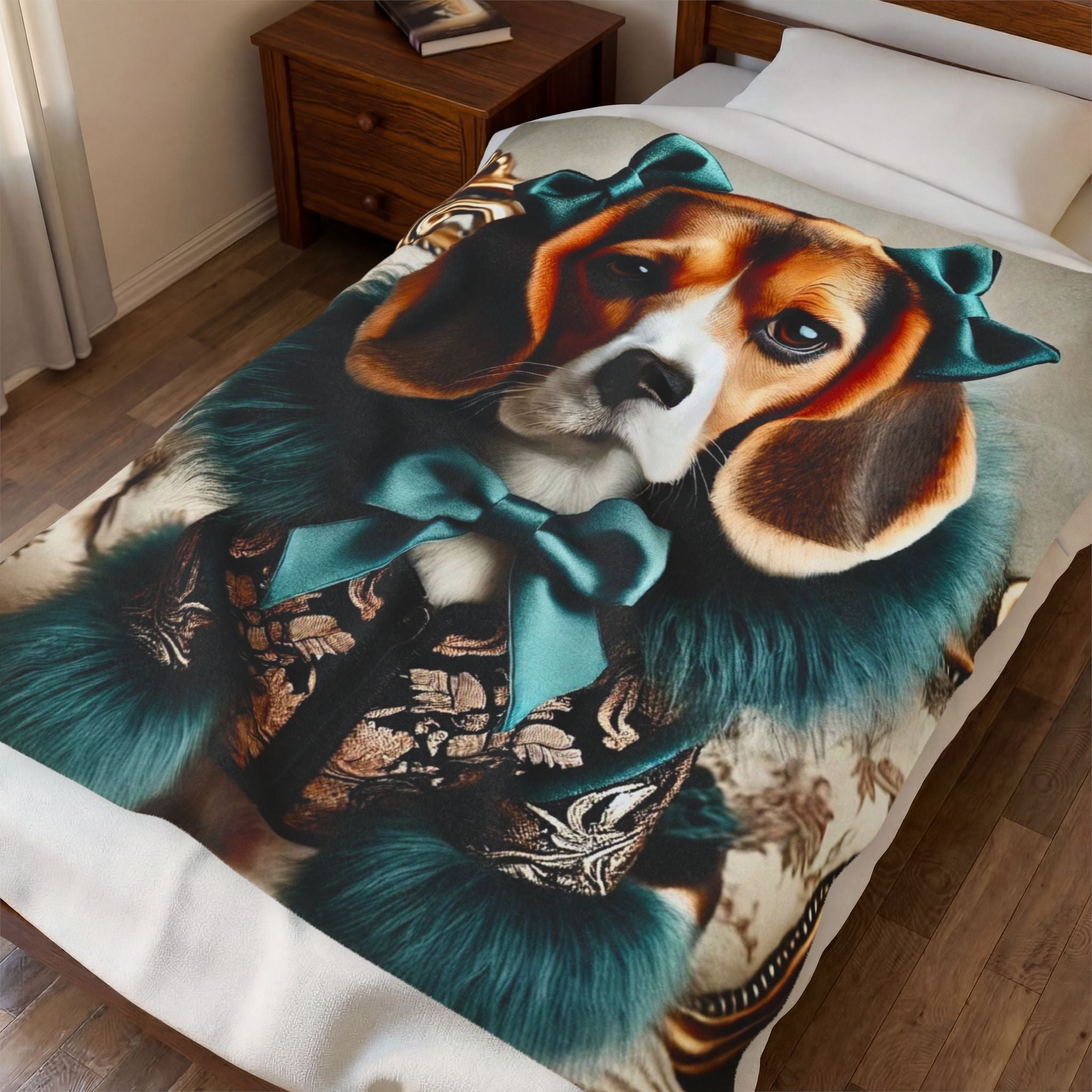 Elegant teal Beagle Blanket featuring a beagle wearing teal bows and a teal fur-trimmed outfit.