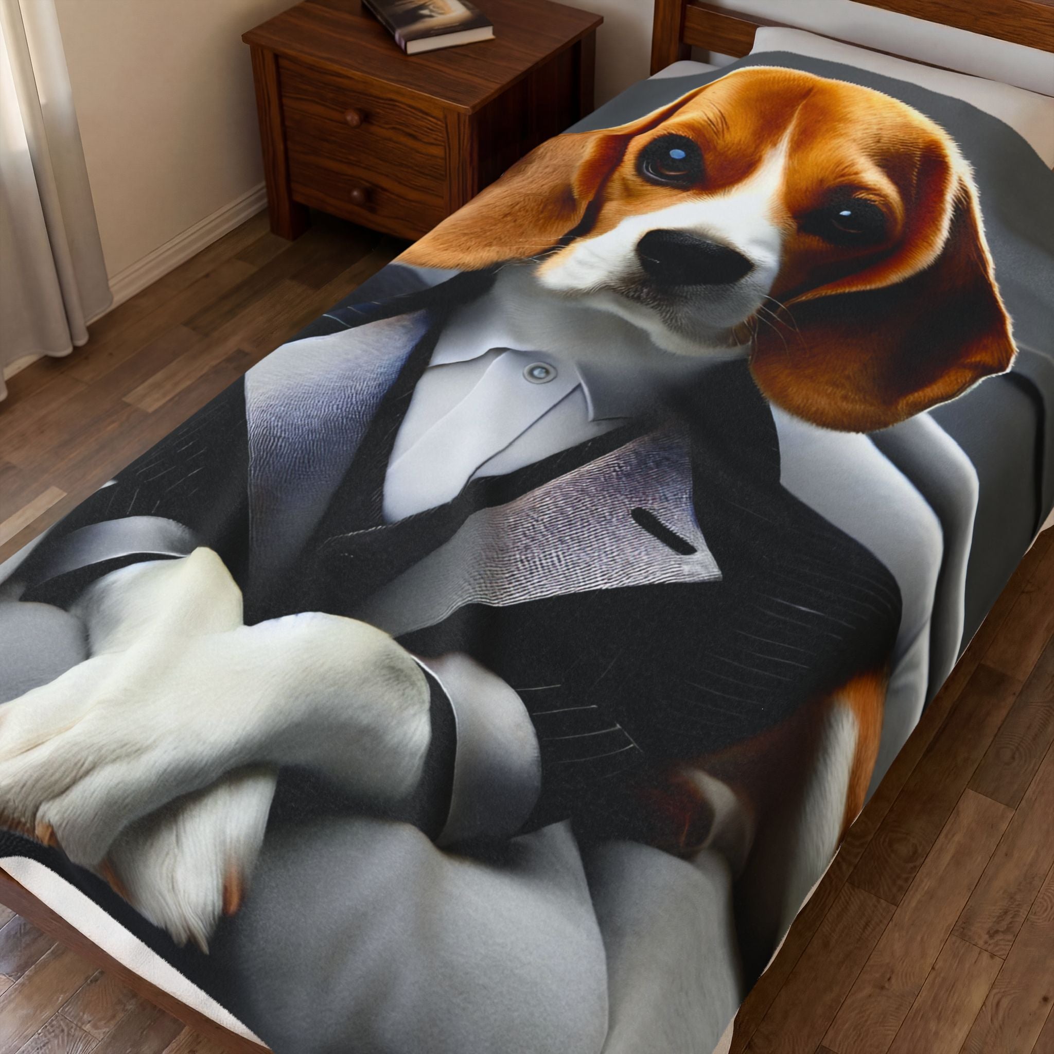 A printed bedding set on a bed in a bedroom, featuring a stylized portrait of a beagle dressed in a black suit and white shirt.