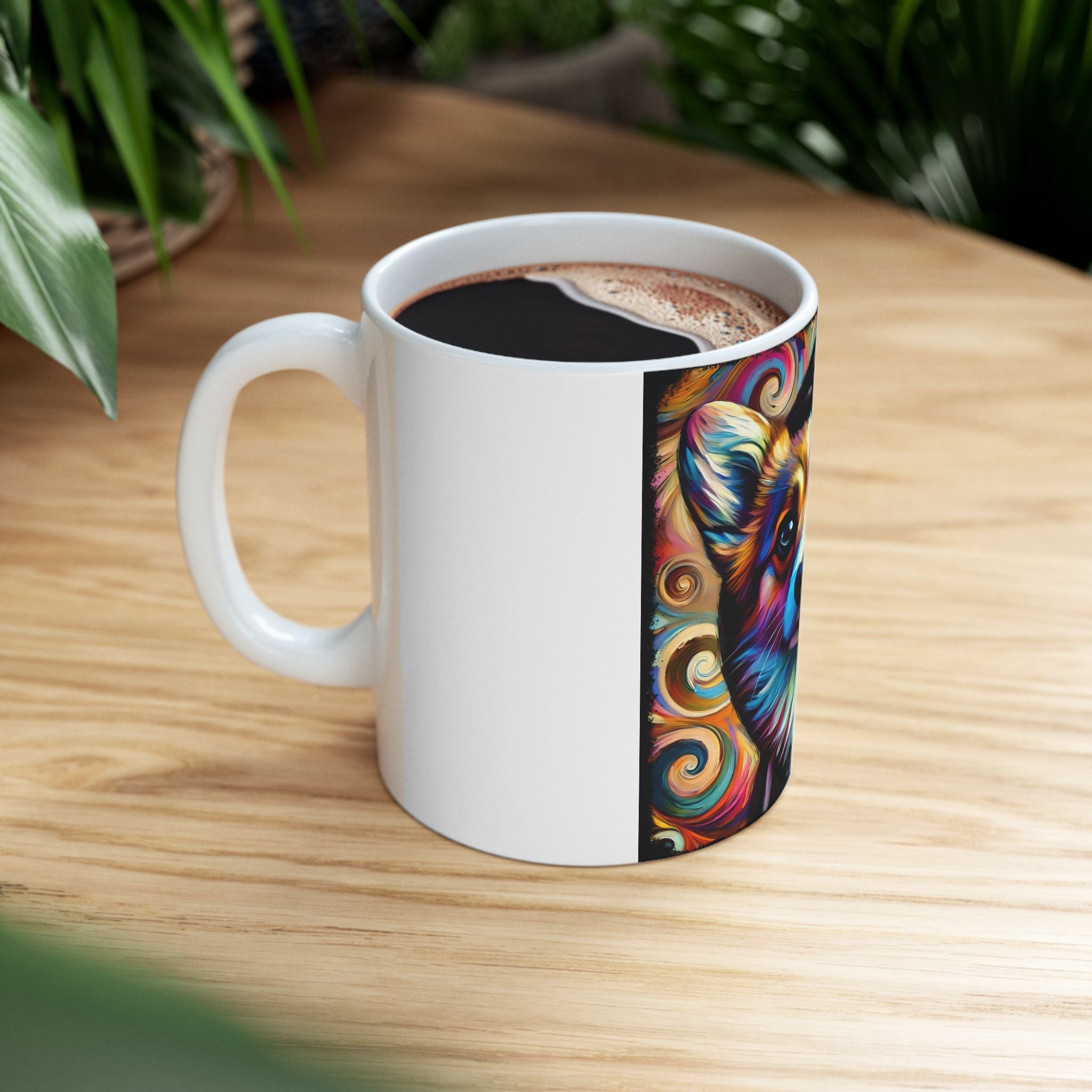 A white ceramic mug featuring a colorful, stylized digital illustration of a corgi wearing a black hoodie, set against a plain white background.