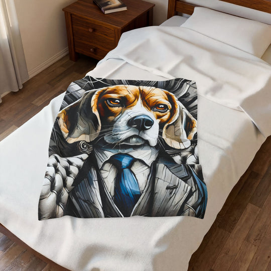 A white bedspread or blanket featuring a detailed graphic print of a beagle dressed in a gray suit and blue tie, styled on a bed in a bedroom setting.