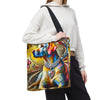 A person carries a large tote bag with a colorful artistic print of a yellow Labrador retriever wearing a jeweled collar. The background is solid white.