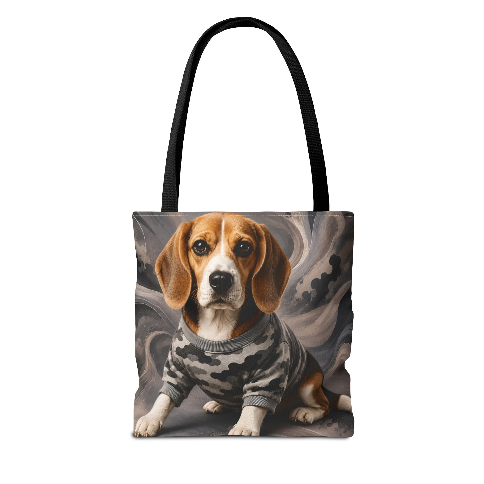 A tote bag with black handles featuring a printed illustration of a beagle wearing a gray camouflage sweater, set against a plain white background.