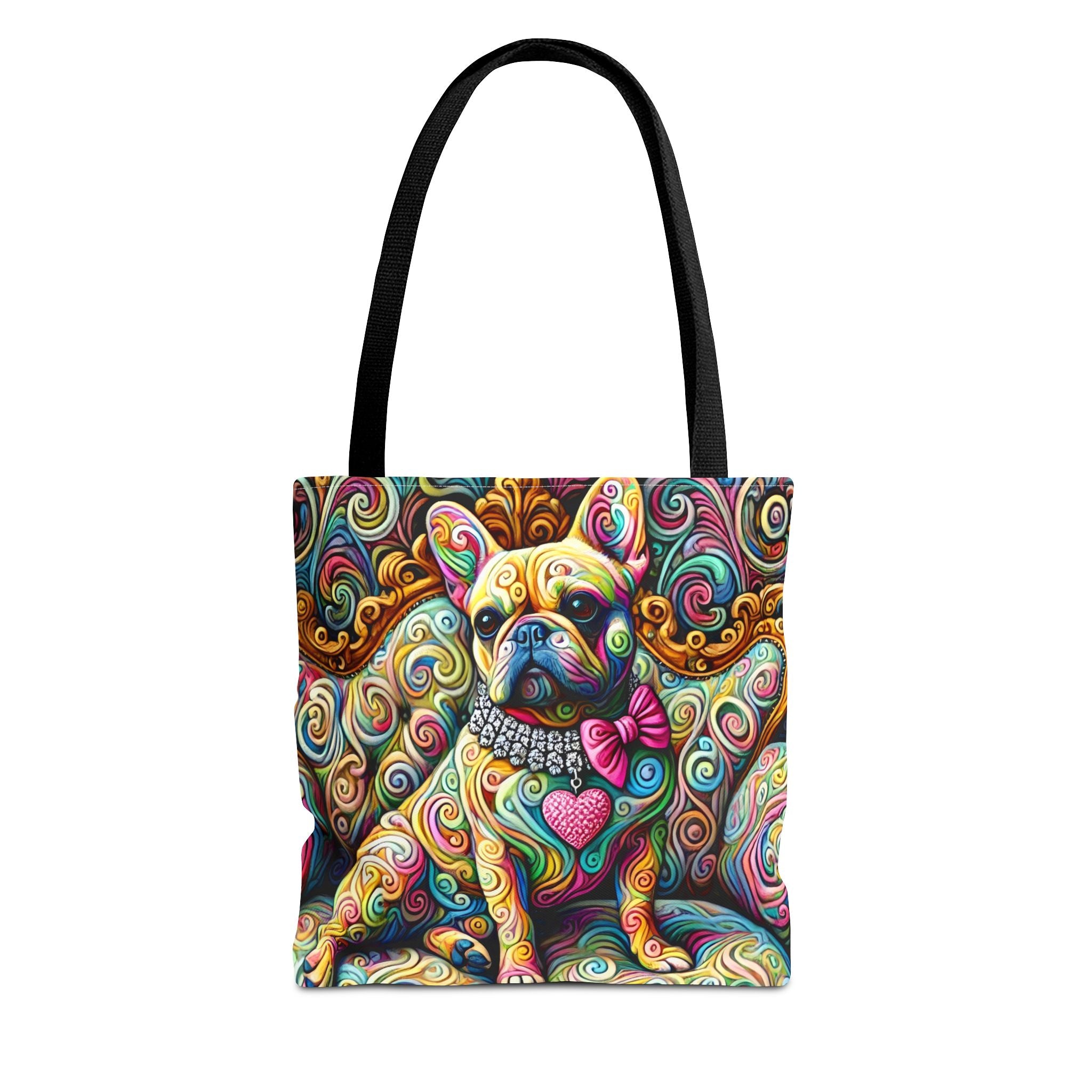 A tote bag with black handles featuring a vibrant, multicolored psychedelic illustration of a French Bulldog wearing a pink bow tie and a jeweled collar, set against a plain white background.