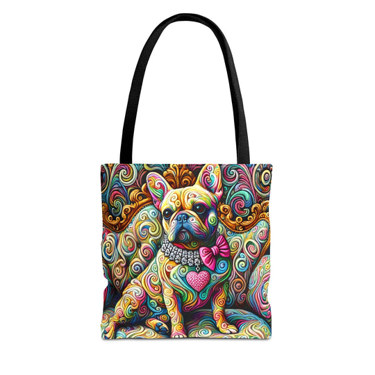 A tote bag with black handles featuring a vibrant, multicolored psychedelic illustration of a French Bulldog wearing a pink bow tie and a jeweled collar, set against a plain white background.