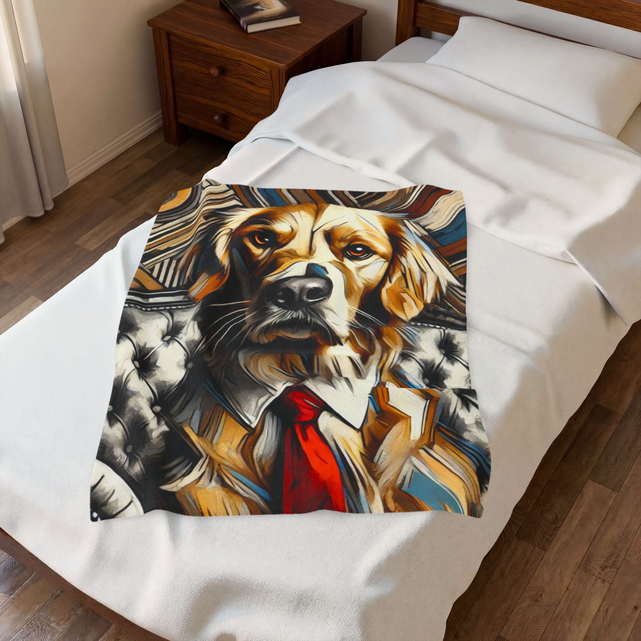 A square throw blanket featuring a stylized graphic illustration of a golden retriever wearing a white shirt and red tie, draped over a white bed in a bedroom setting.