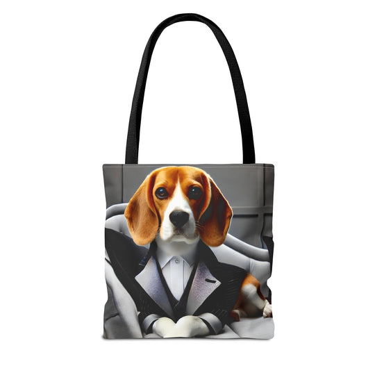 A tote bag with black handles featuring a printed graphic of a beagle dog dressed in a black tuxedo jacket and white shirt, set against a plain white background.