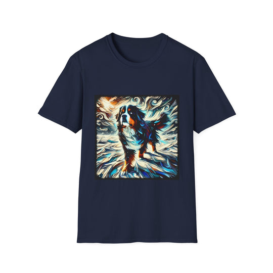 Bernese Mountain Dog Snow Swirl design dog lover unisex t-shirt in navy