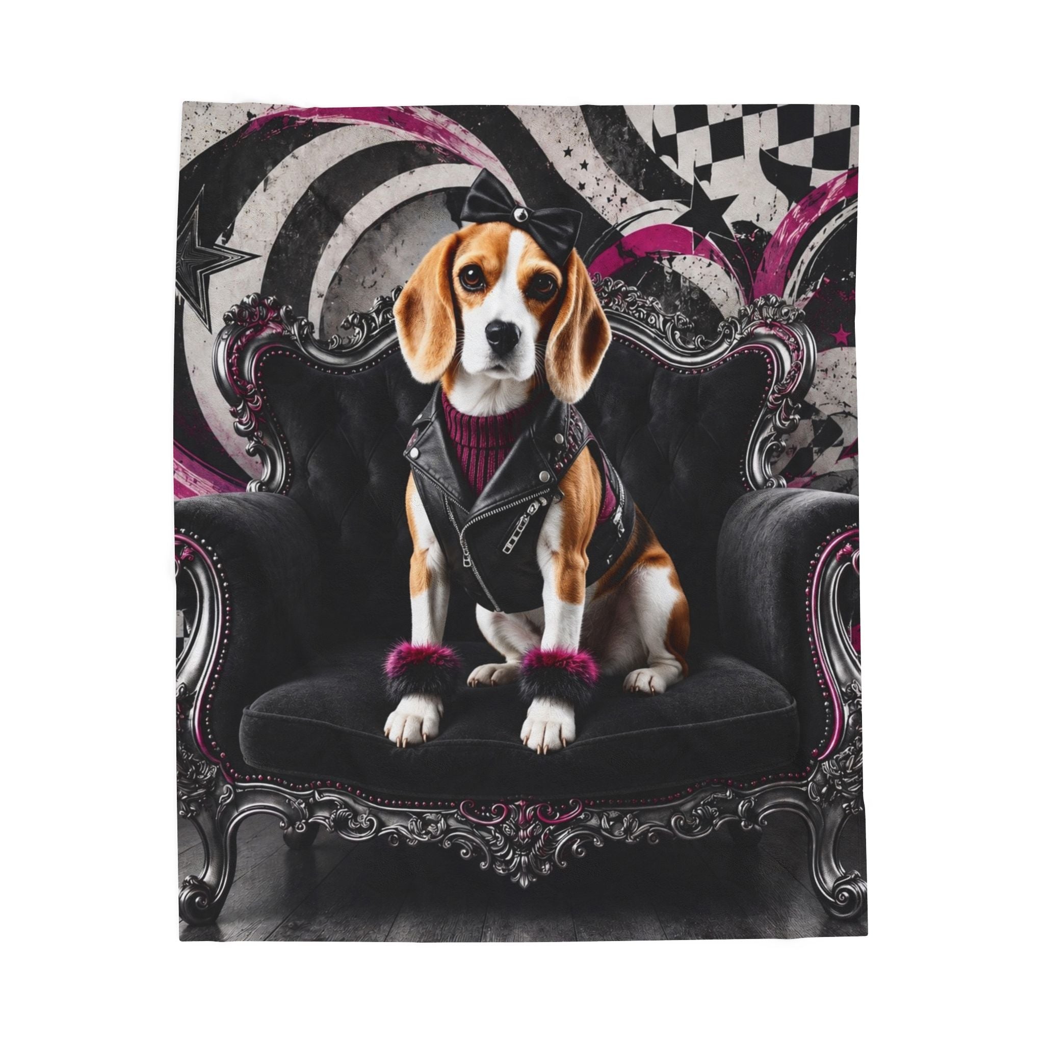 A blanket featuring a beagle dog sitting on an ornate black chair, wearing a black moto jacket, pink fuzzy wrist warmers, and a black bow, against a swirling black, white, and pink graphic background.
