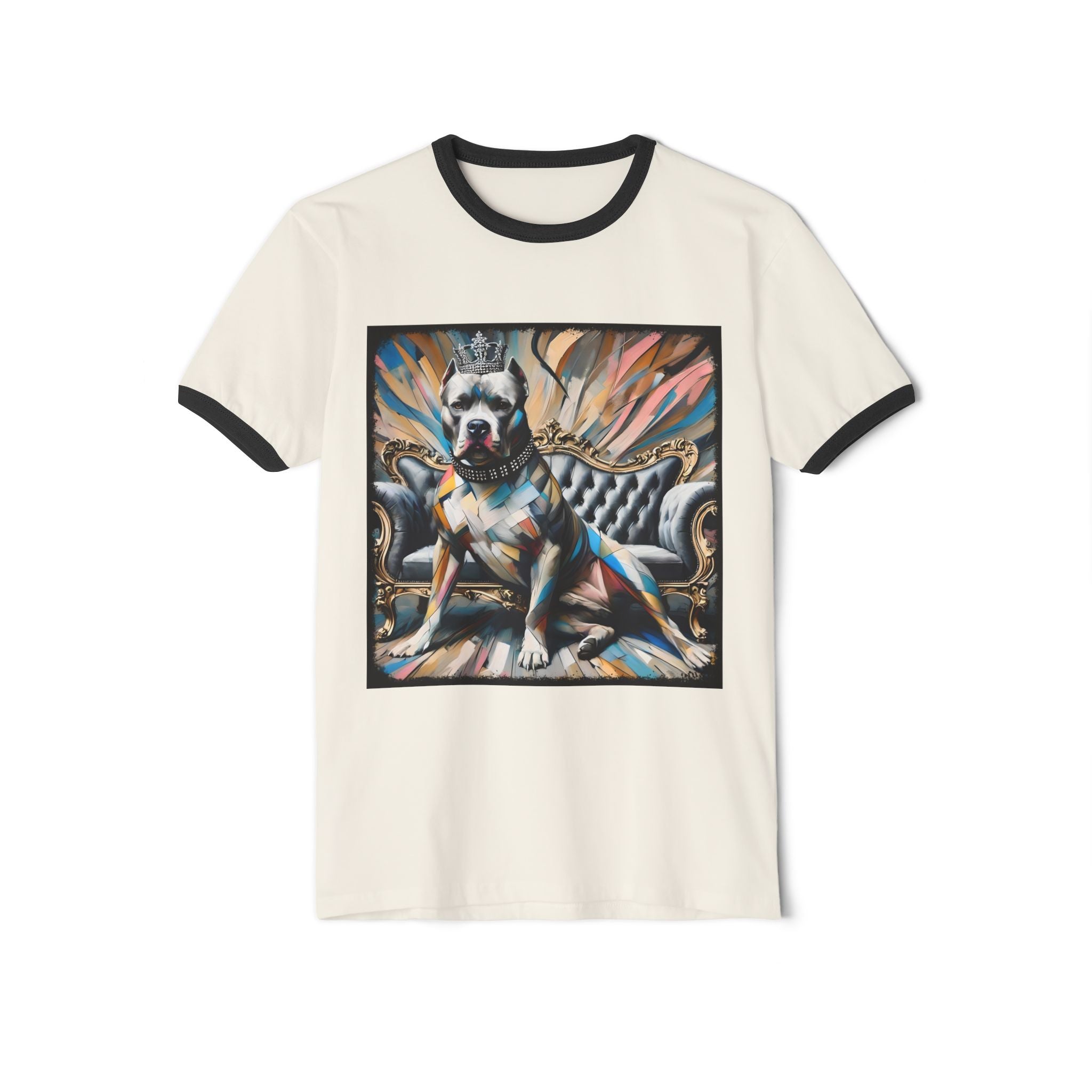 The Pitbull Royal Geometric Unisex Dog T-Shirt features a crowned pup on an ornate chair with colorful geometric accents and stylish black collar and sleeve trim—perfect for dog lovers seeking standout apparel.