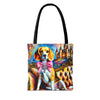 A tote bag with black handles, featuring a colorful printed design of a beagle wearing a pink bow and sitting on an ornate chair in front of a castle.
