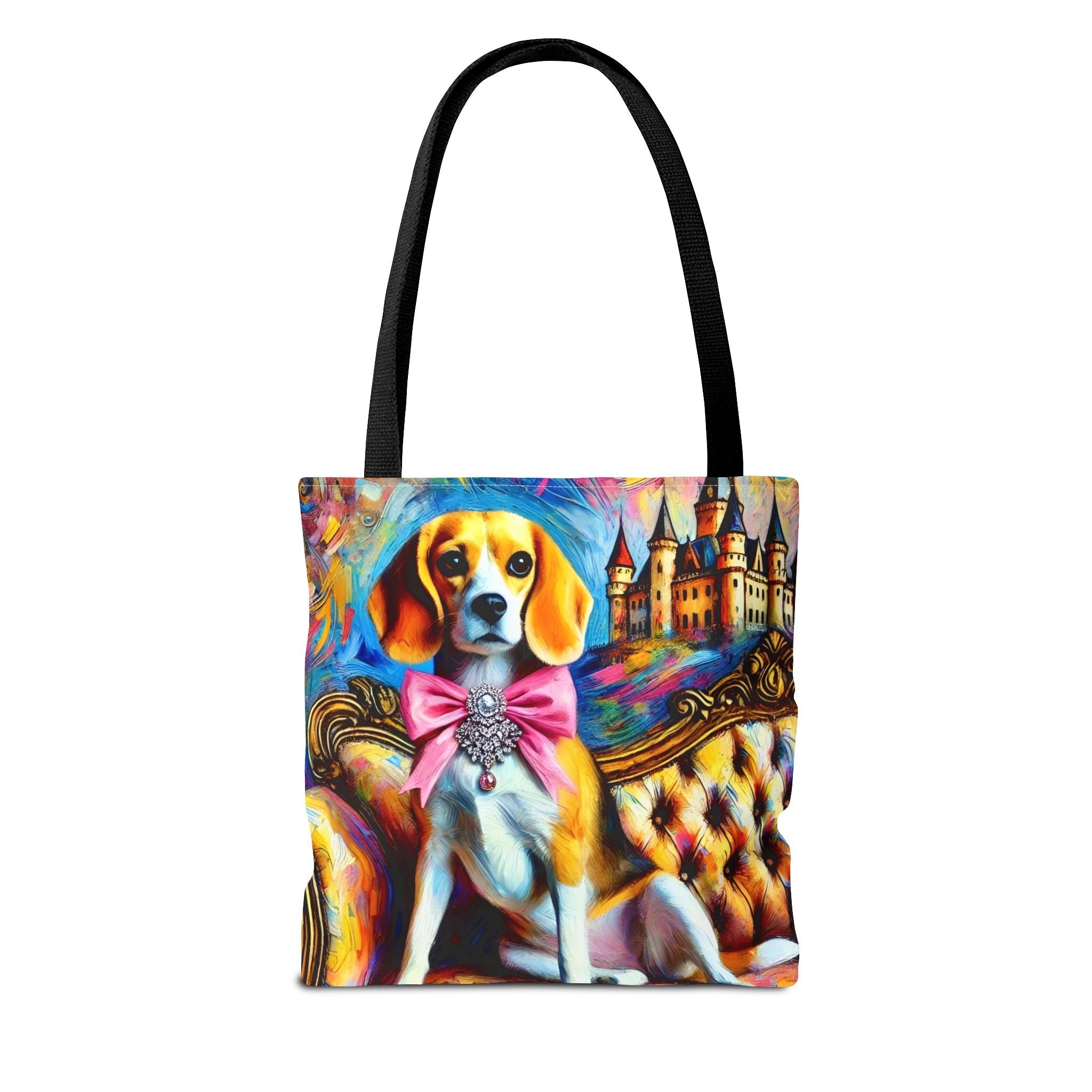 A tote bag with black handles, featuring a colorful printed design of a beagle wearing a pink bow and sitting on an ornate chair in front of a castle.