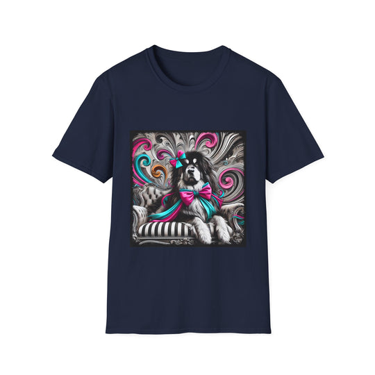 Tibetan Mastiff B&W Pink and Teal Bow design dog lover unisex t-shirt in navy