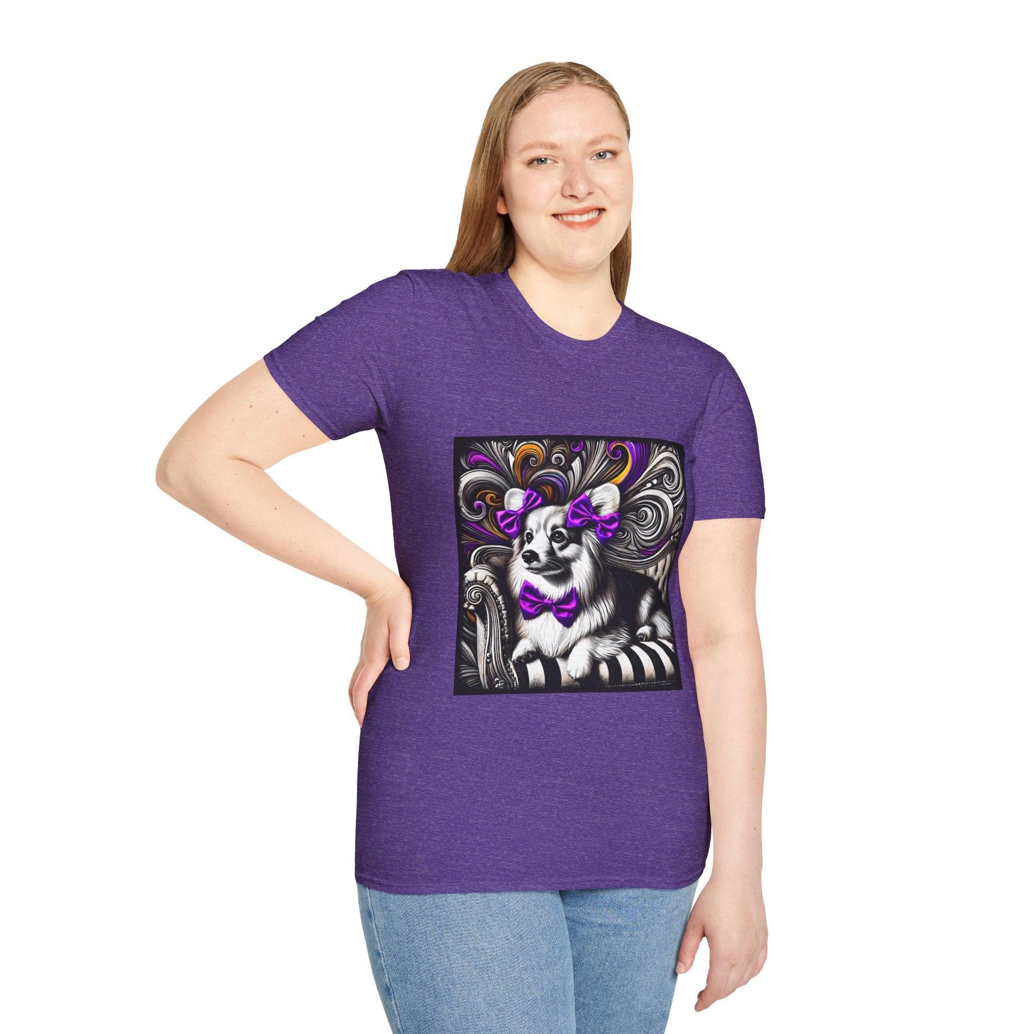 Pembroke Welsh Corgi B&W Purple Bow | Unisex Dog T-Shirt