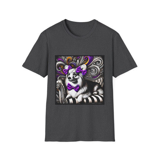 Pembroke Welsh Corgi B&W Purple Bow design dog lover unisex t-shirt in dark heather