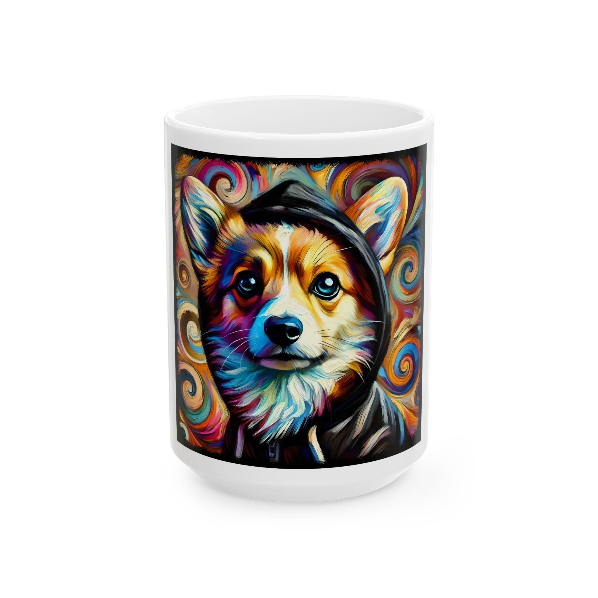 A white ceramic mug featuring a colorful, stylized digital illustration of a corgi wearing a black hoodie, set against a plain white background.