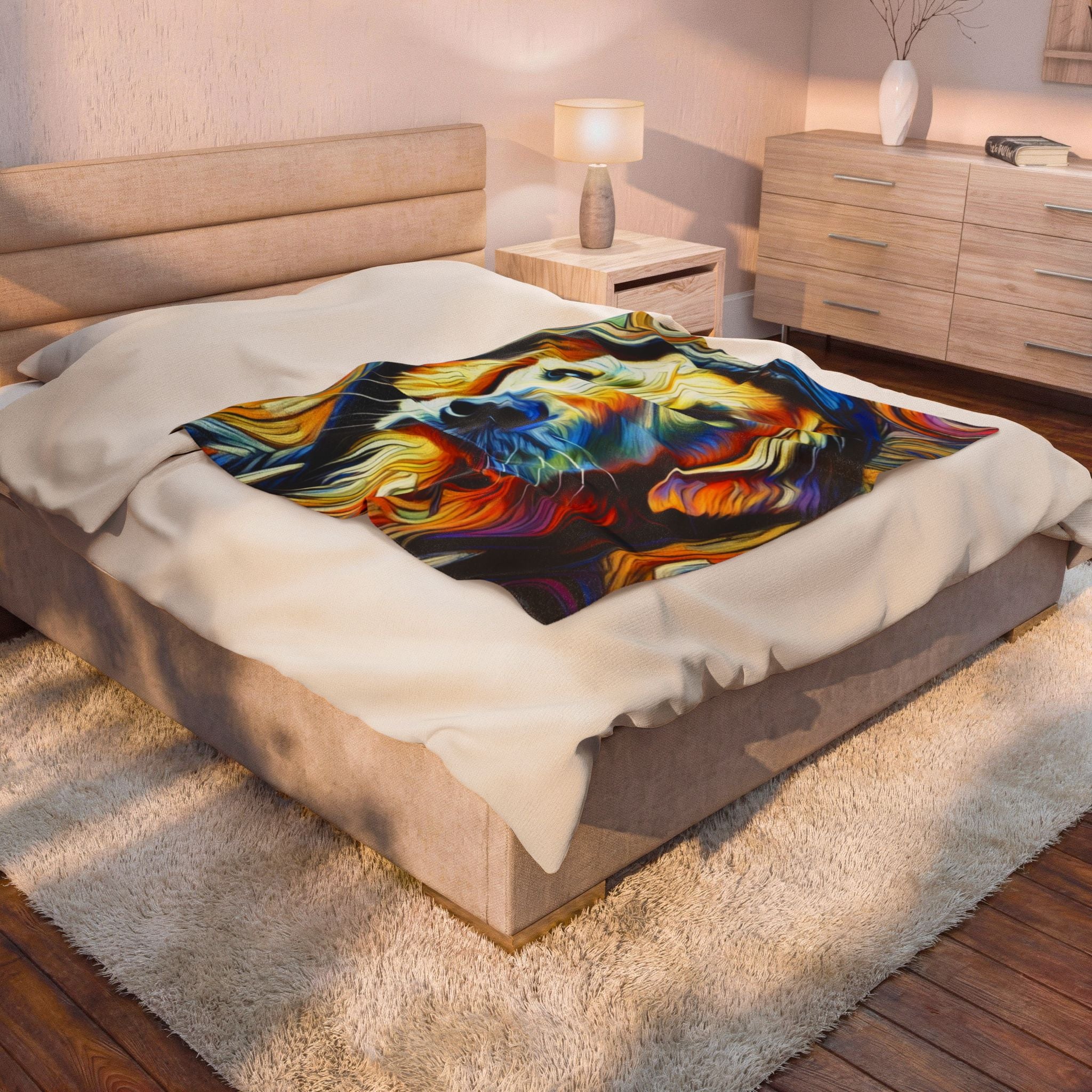 A bed in a modern bedroom setting with a colorful abstract tiger face print blanket draped across the white bedding. Golden Retriever velveteen plush blanket featuring the "Relaxed Swirl" design with flowing artistic swirl-inspired artwork for Golden Retriever lovers.
