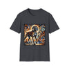 Dark heather gray dog t-shirt featuring a Coonhound with bold brush strokes in orange, blue, black, and cream.