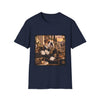 A navy blue short-sleeve crewneck t-shirt featuring a large rectangular graphic print on the front. The graphic depicts a bulldog dressed in ornate historical royal clothing, seated in an elaborate, warm-toned baroque interior with gold and brown details.