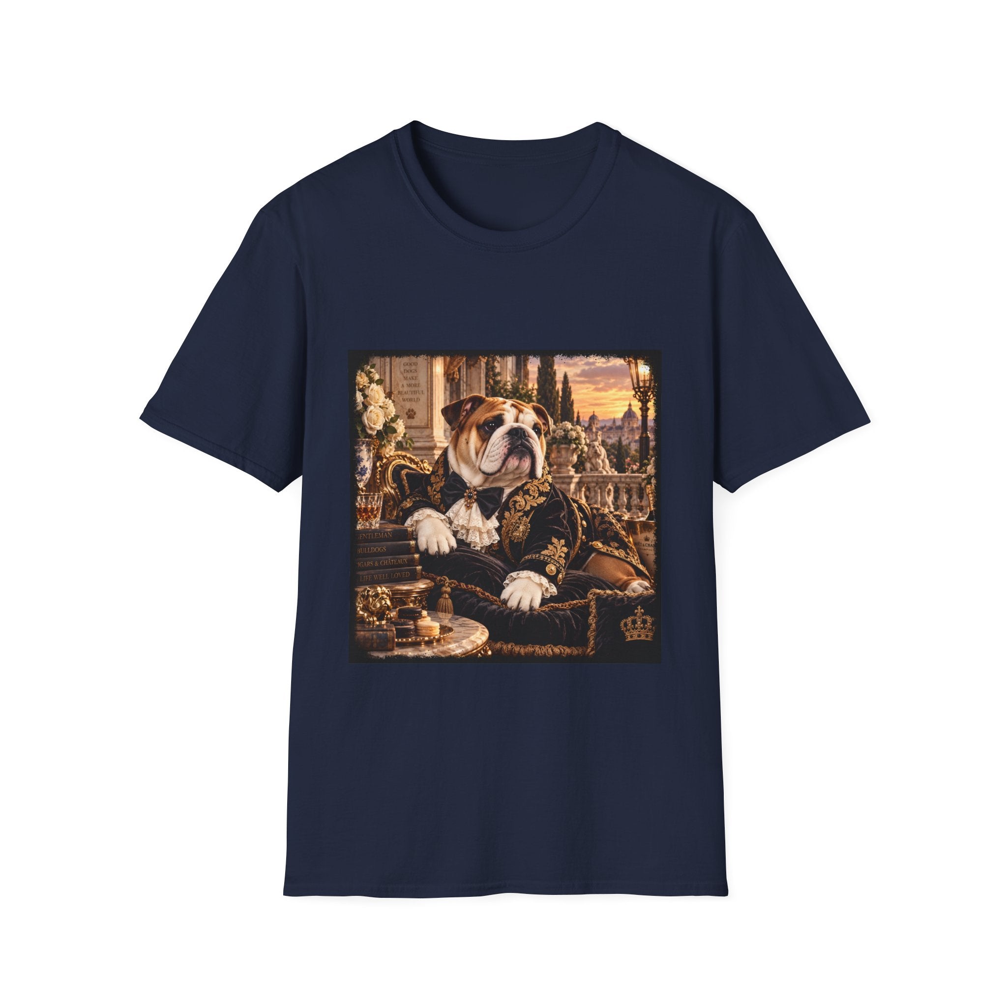 A navy blue short-sleeve crewneck t-shirt featuring a large rectangular graphic print on the front. The graphic depicts a bulldog dressed in ornate historical royal clothing, seated in an elaborate, warm-toned baroque interior with gold and brown details.