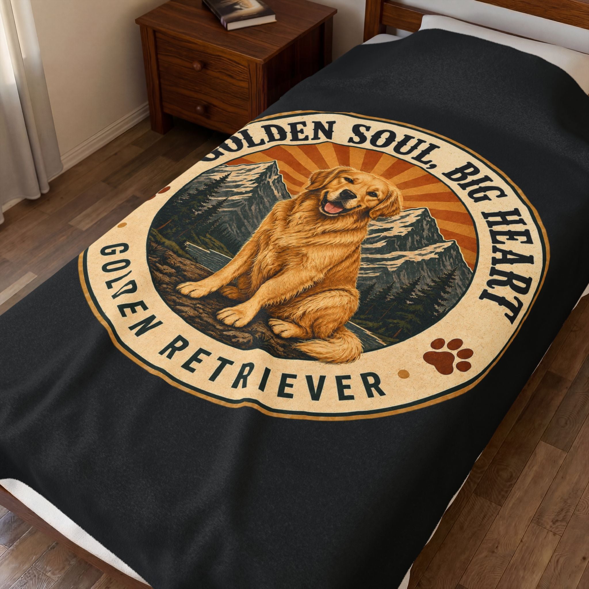 A black blanket with a large circular graphic featuring a golden retriever sitting in front of mountains and the text 'GOLDEN SOUL BIG HEART GOLDEN RETRIEVER', shown draped over a bed in a bedroom setting.
