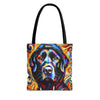 A tote bag with black handles featuring a colorful, stylized portrait of a black Labrador retriever surrounded by swirling abstract patterns in red, orange, yellow, blue, and white, shown on a plain white background.