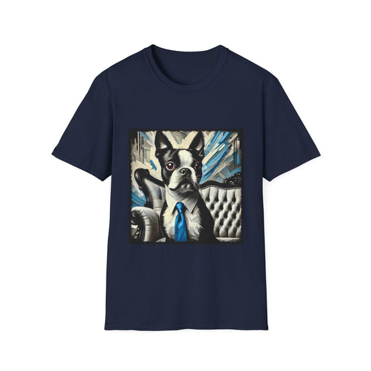 Boston Terrier B&W Bold Tie design dog lover unisex t-shirt in navy