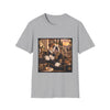 A light gray crewneck t-shirt featuring a square graphic print of an English Bulldog dressed in ornate historical royal clothing, set against a plain white background.