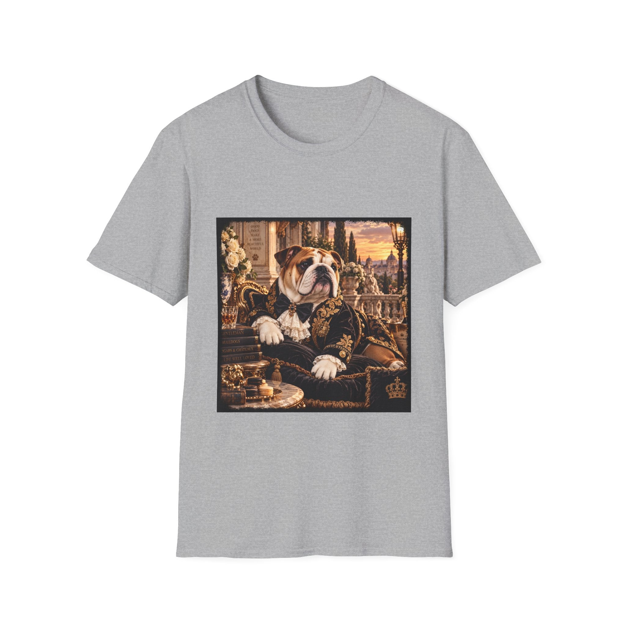 A light gray crewneck t-shirt featuring a square graphic print of an English Bulldog dressed in ornate historical royal clothing, set against a plain white background.