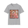 A light gray crewneck t-shirt featuring a square graphic print of an English Bulldog dressed in a pink Victorian-style gown with roses, set against a white background.