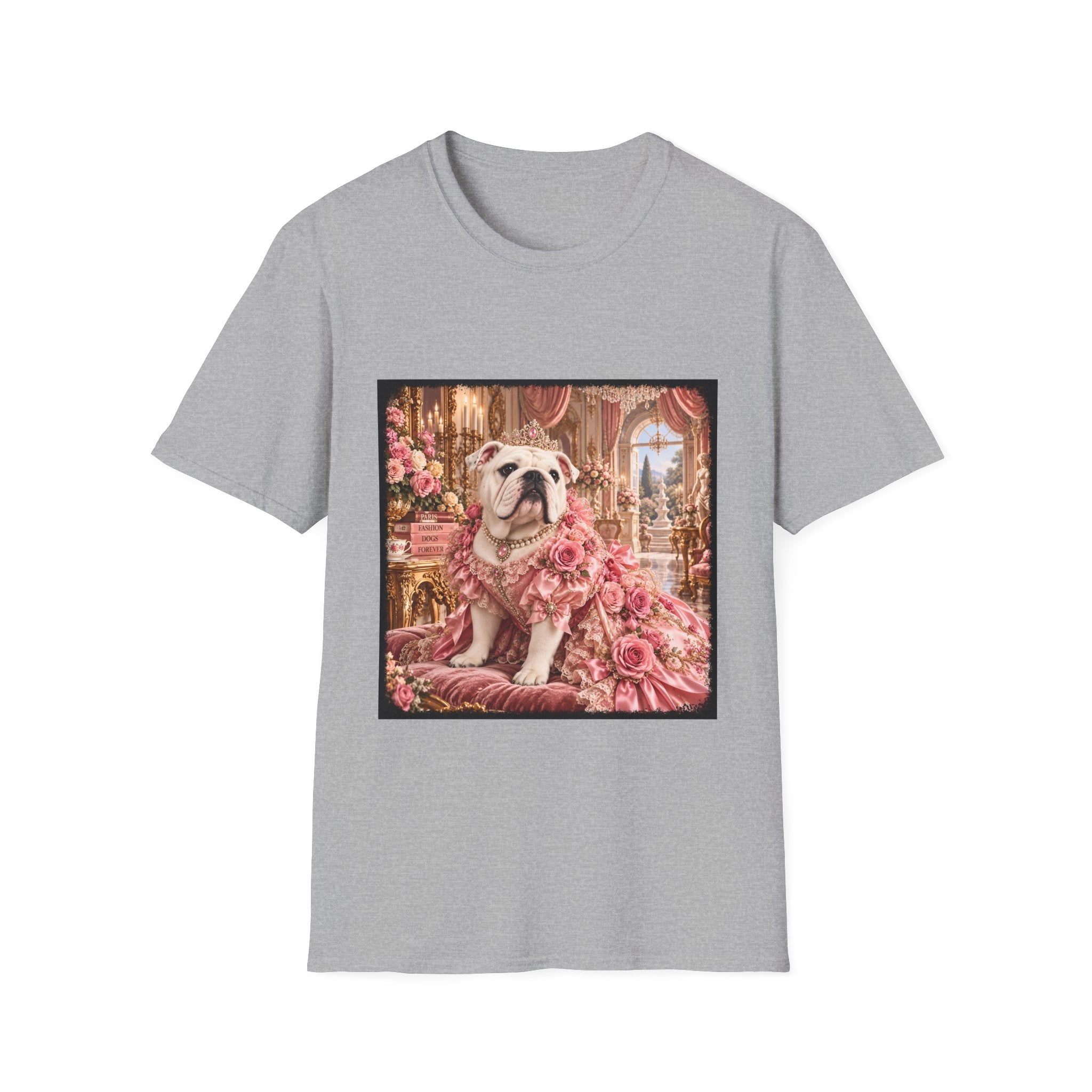 A light gray crewneck t-shirt featuring a square graphic print of an English Bulldog dressed in a pink Victorian-style gown with roses, set against a white background.