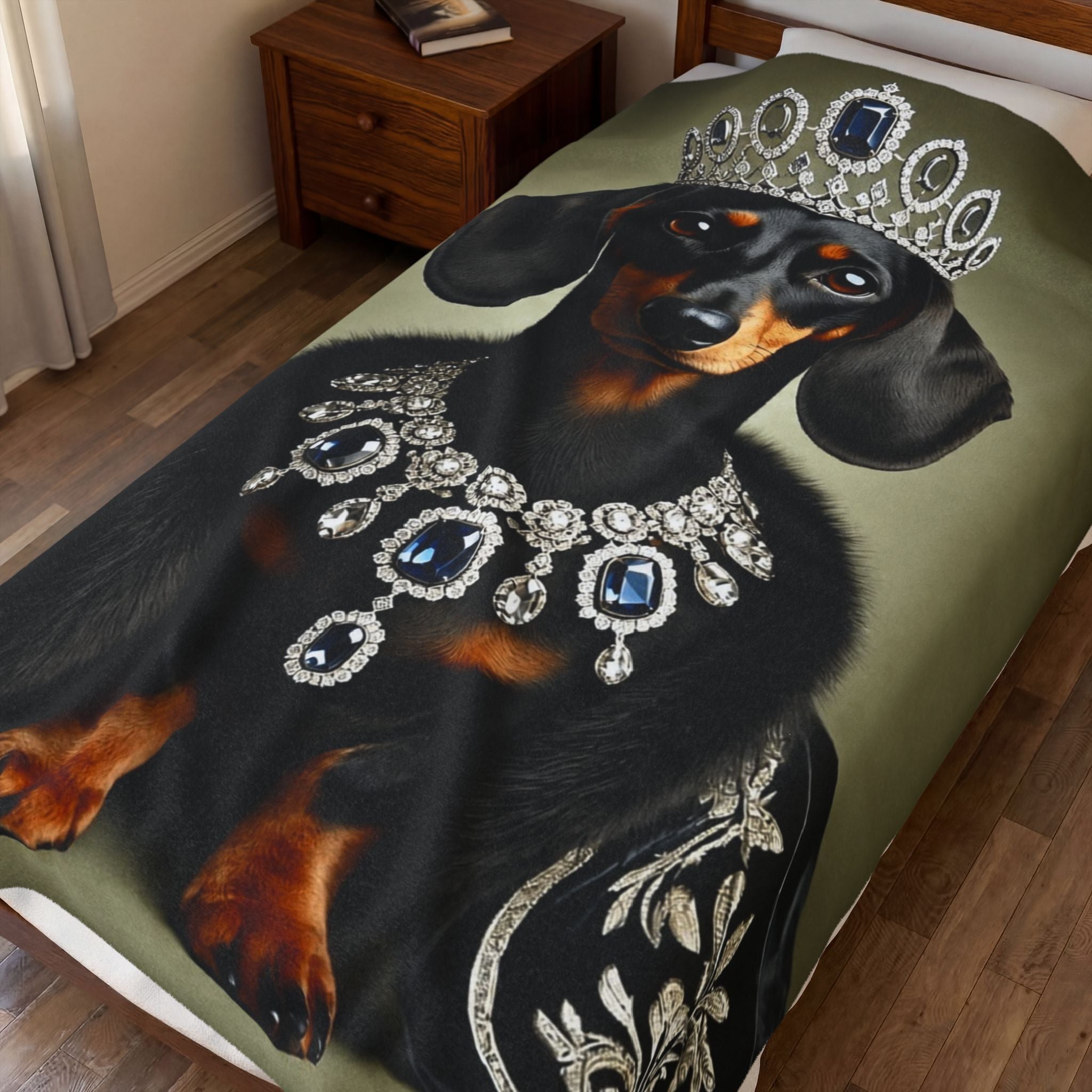 A printed blanket or throw laid across a bed in a bedroom, featuring a dachshund dressed in a jeweled tiara and necklace on an olive green background.