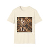 An off-white short-sleeve crewneck t-shirt featuring a square graphic print of a bulldog dressed in an ornate, vintage-style royal gown and crown, set against a dark background.