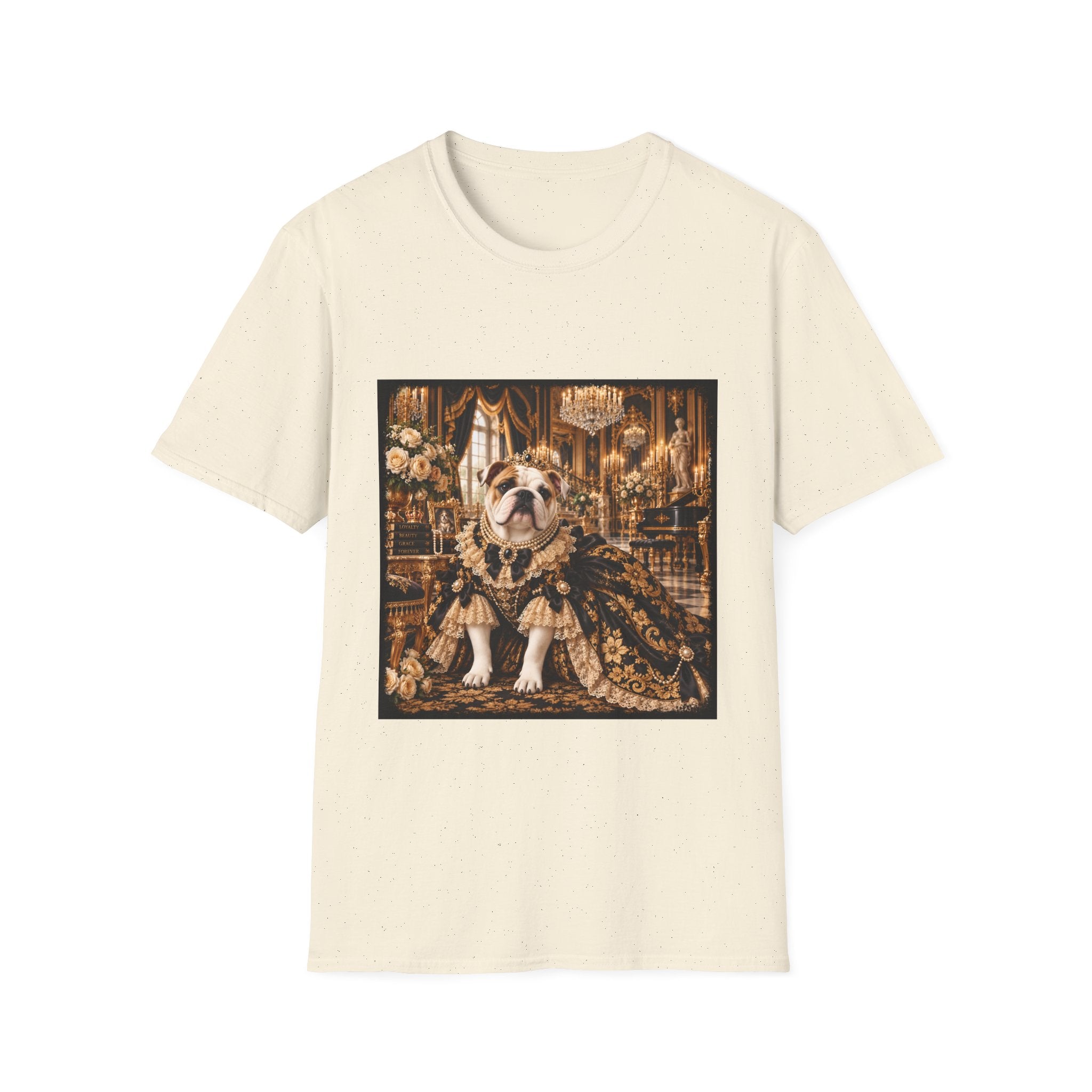 An off-white short-sleeve crewneck t-shirt featuring a square graphic print of a bulldog dressed in an ornate, vintage-style royal gown and crown, set against a dark background.