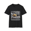 Black dog t-shirt featuring a black and white boxer lounging on silver tufted couch in yellow jacket with striped wall.