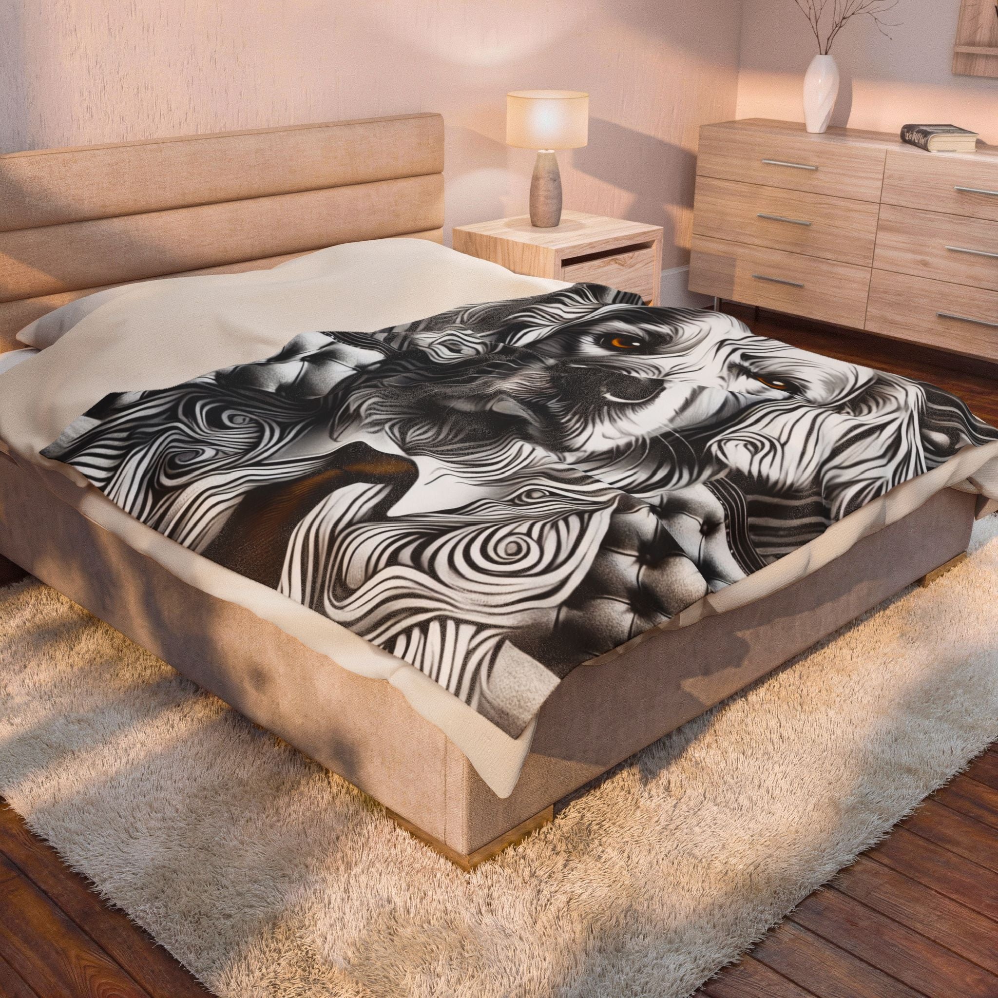Golden Retriever velveteen plush blanket featuring the "B&W Bold Eyes" design with striking black-and-white artwork highlighting expressive eyes.
