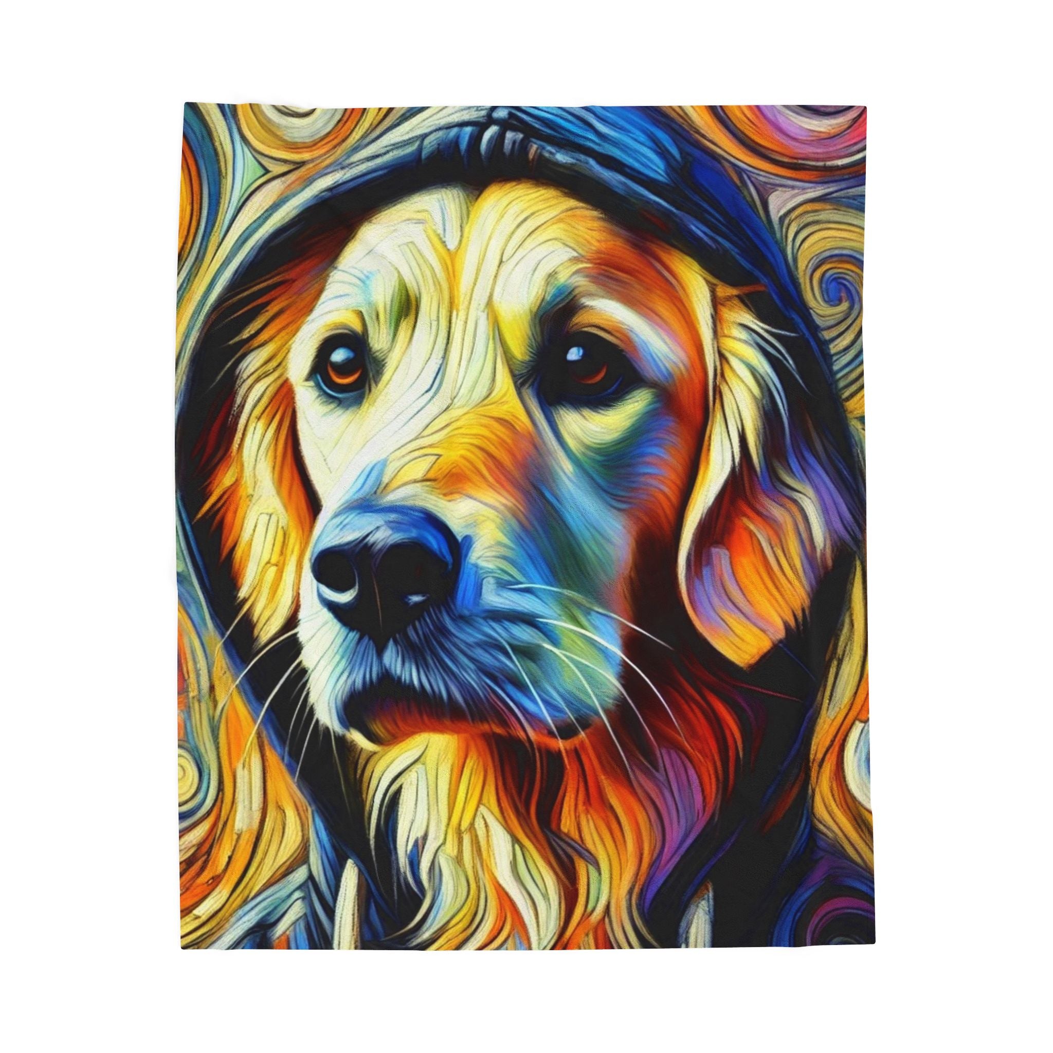 A colorful portrait painting of a golden retriever dog wearing a black hood, rendered in vibrant swirling brushstrokes of yellow, orange, blue, purple, and black on a white background.