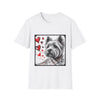 White dog t-shirt featuring sketch-style Westie with red hearts and abstract black line accents.
