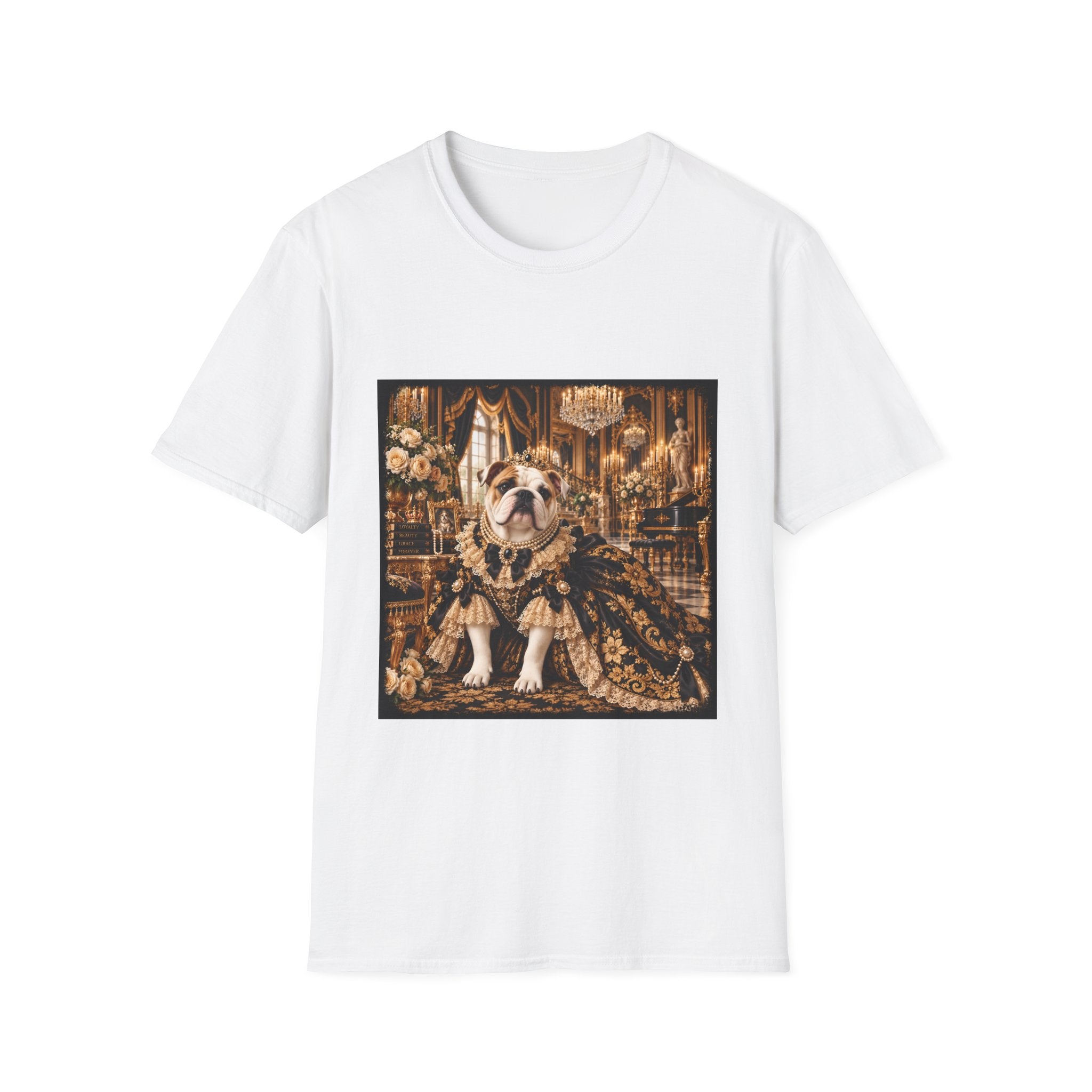 A white short-sleeve crewneck t-shirt featuring a square graphic print of an elegant bulldog dressed in a regal, ornate historical gown and crown, set against a dark, luxurious interior background.