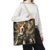A person wearing a white cropped hoodie and black sweatpants carries a canvas tote bag over their shoulder. The bag features a printed graphic of a beagle dog wearing a military camouflage uniform against a smoky olive-green background.