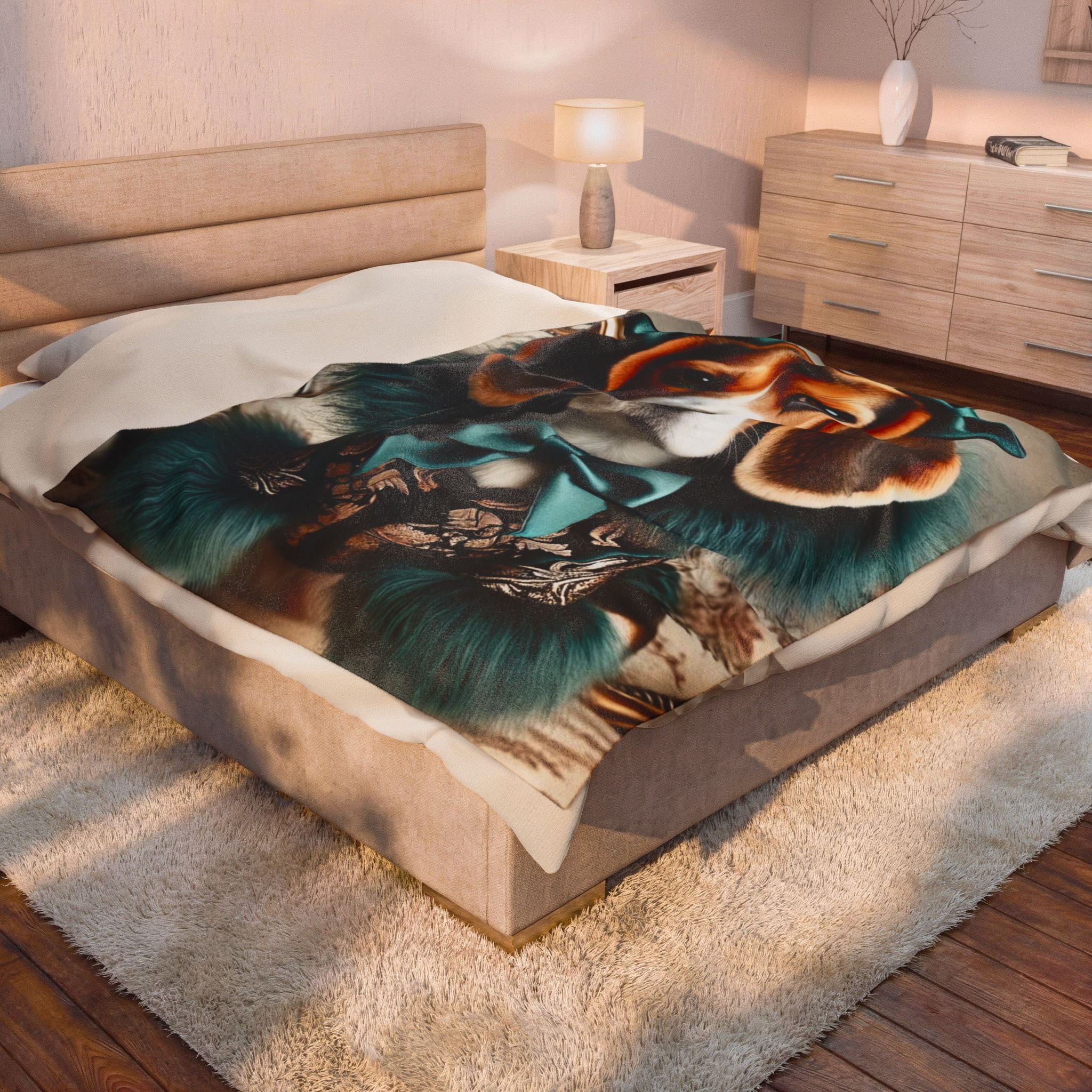Elegant teal Beagle Blanket displayed on a bed,  featuring a beagle wearing teal bows and a teal fur-trimmed outfit.