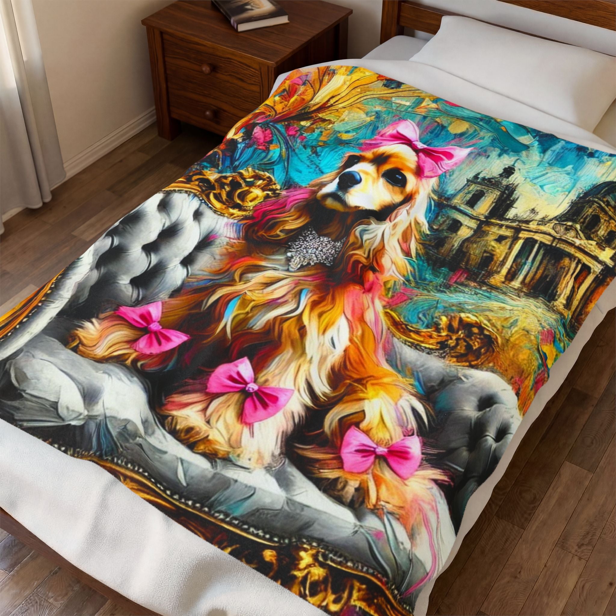 A colorful printed blanket or throw is spread across a bed in a bedroom. The design shows a long-haired Cocker Spaniel with bright pink bows, rendered in a vivid, painterly style with blue, gold, orange, gray, and black tones.