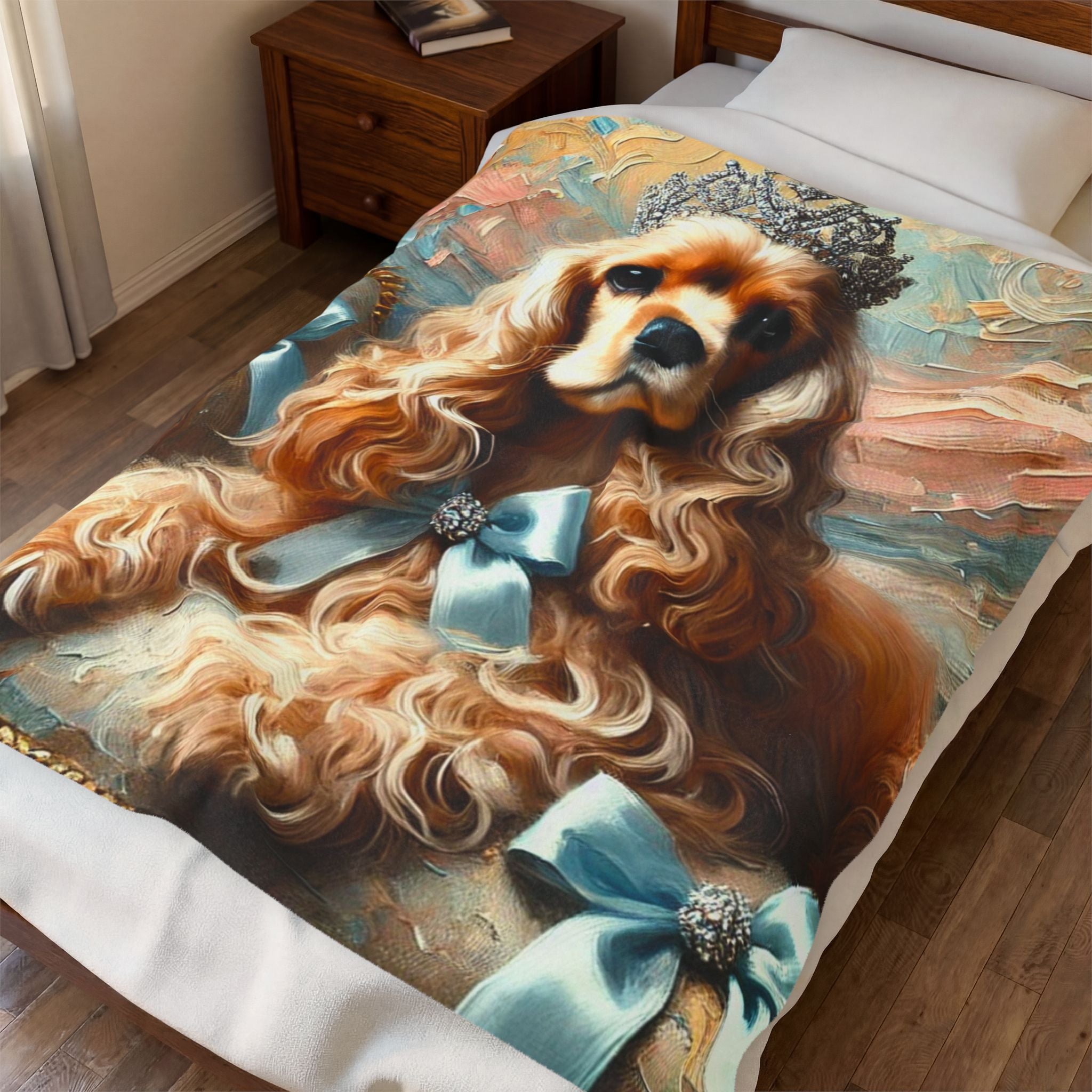 A printed pet quilt or comforter laid on a bed in a bedroom, featuring a stylized painting of a long-haired brown and cream cocker spaniel  with blue bows and a jeweled crown against an abstract painted background.
