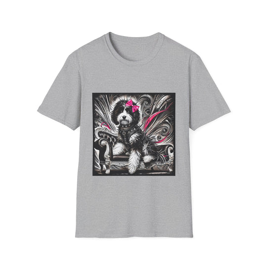 Bernedoodle B&W Pink Bold Rocker design dog lover unisex t-shirt in sport grey