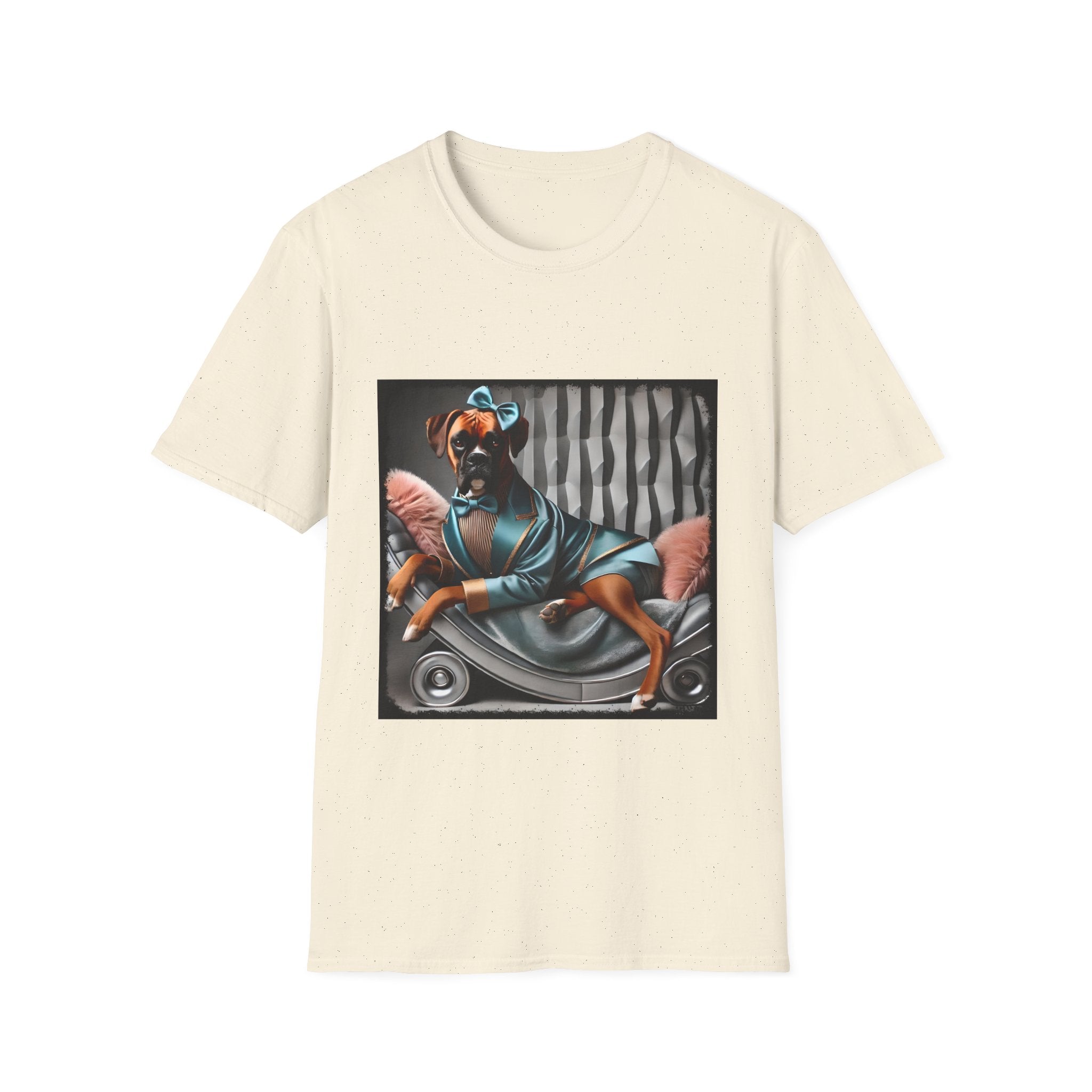 Natural dog t-shirt with a boxer in teal dress and bow on modern chair with striped wall and pink pillows.