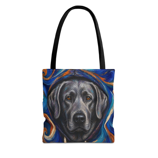 A tote bag featuring a stylized painting of a silver Labrador retriever's face surrounded by swirling blue, orange, and white artistic patterns, with black shoulder straps, shown against a plain white background.