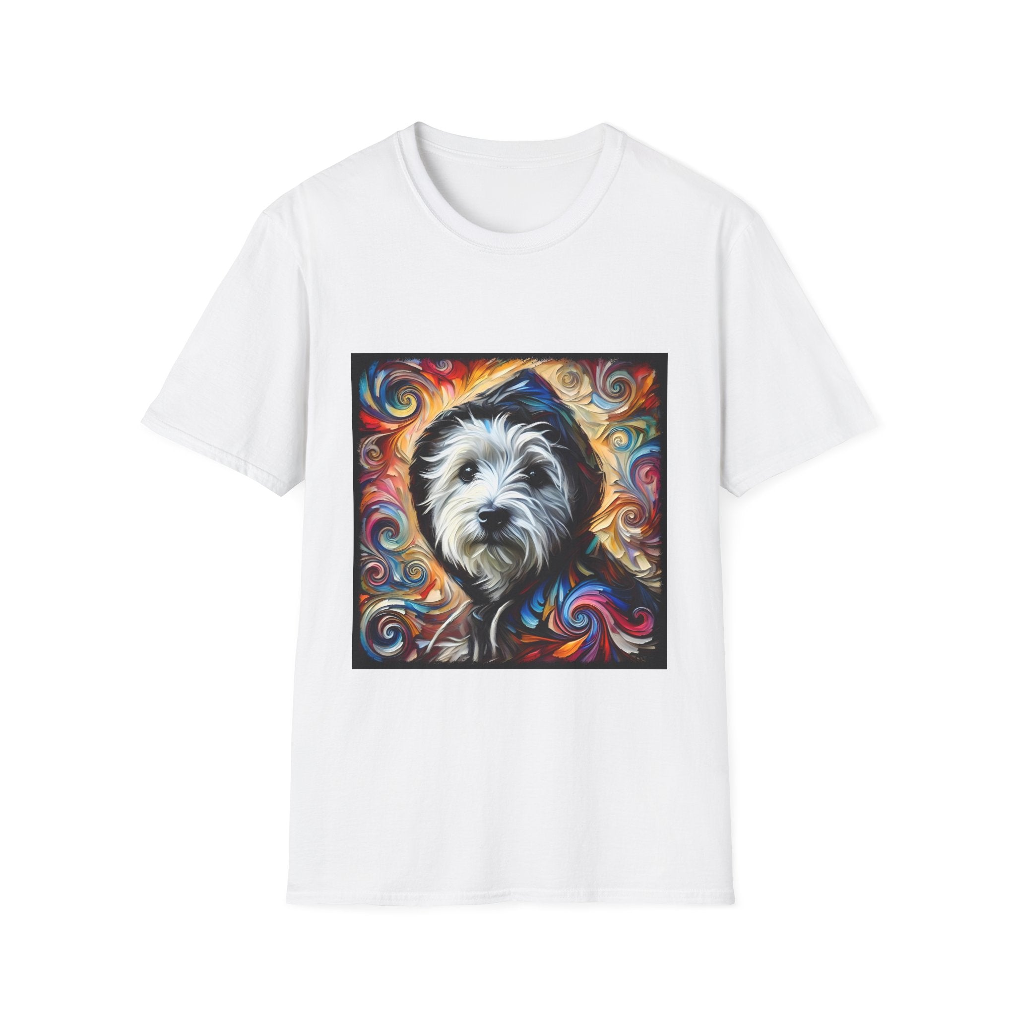 White dog t-shirt featuring Westie in black hoodie with swirling red blue orange and gold background.