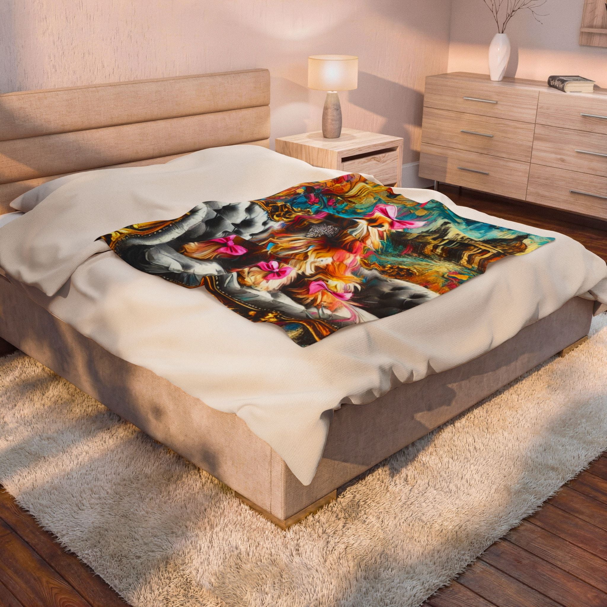 Cocker Spaniel velveteen plush blanket layer on a bed featuring the "Diamond Princess Classic" design with elegant diamond-inspired artwork for Cocker Spaniel lovers.
